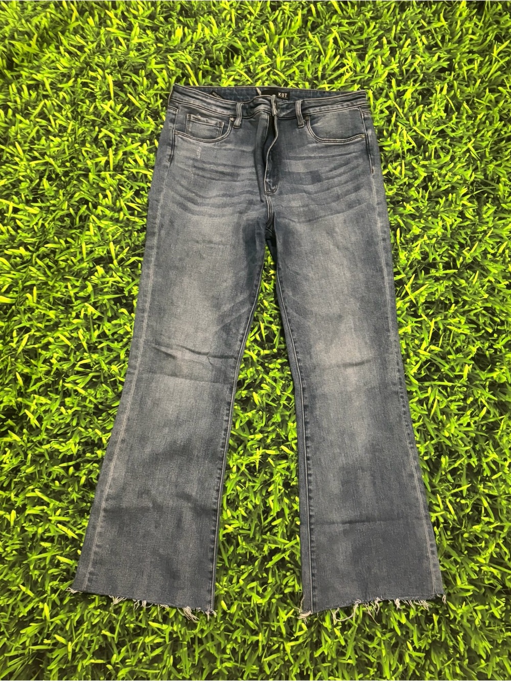 Kut from the Kloth Washed Blue Flare Jeans with Raw Hem